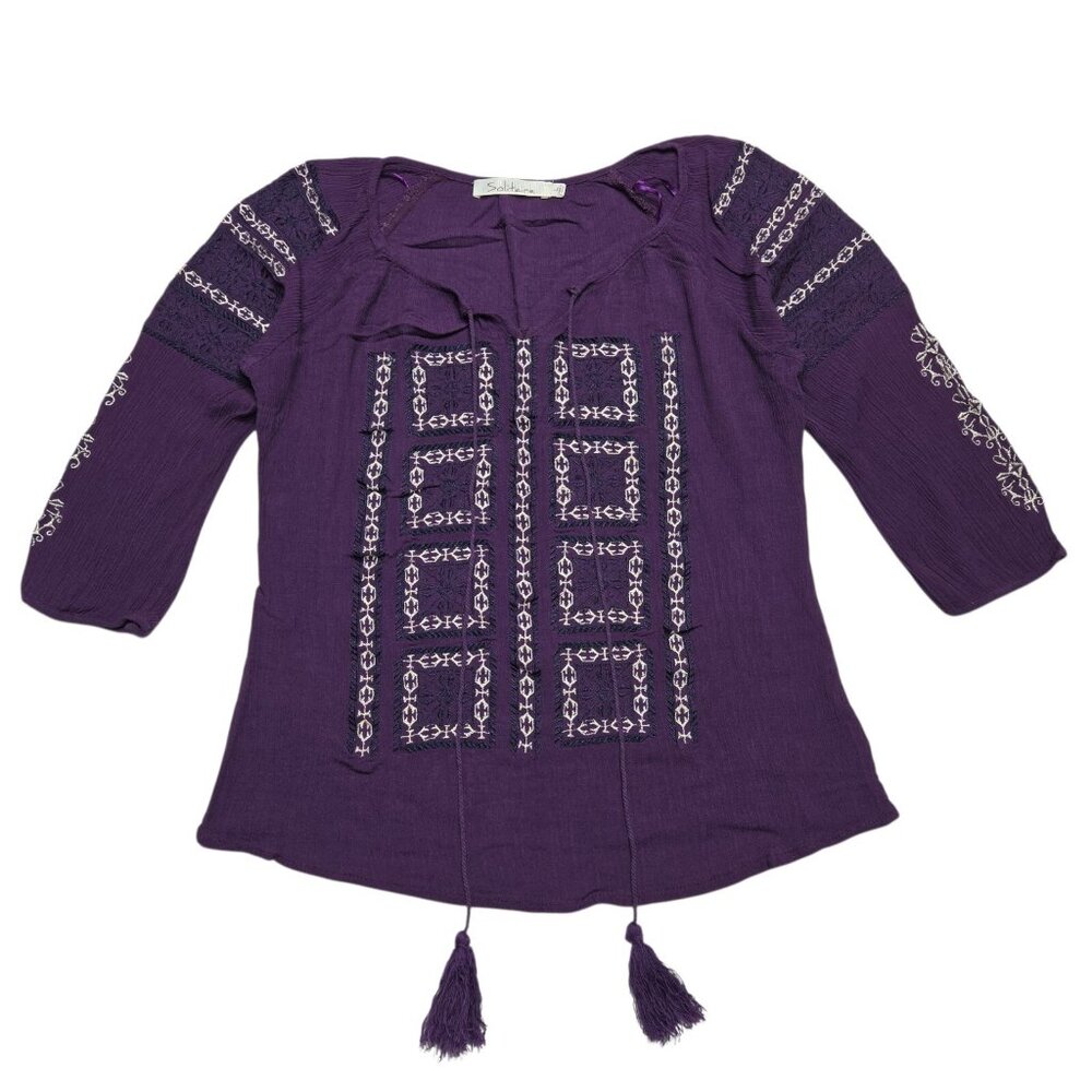 Solitaire Top Womens Large Purple 3/4 Sleeve Boho Blouse Embroidered Tasseled